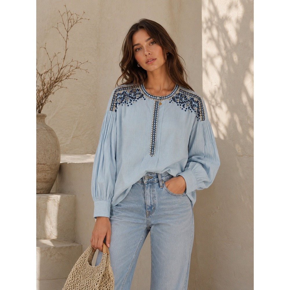 See and Be Seen Embroidered Cotton Blouse S Light Blue Boho Peasant Balloon